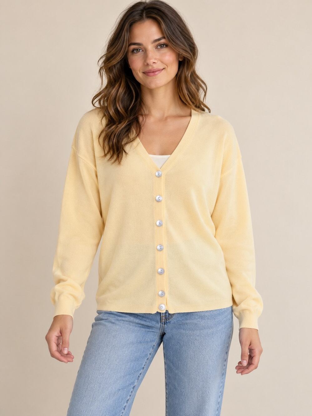 Vintage Honors Butter Yellow Cotton V-Neck Cardigan Medium Made in USA